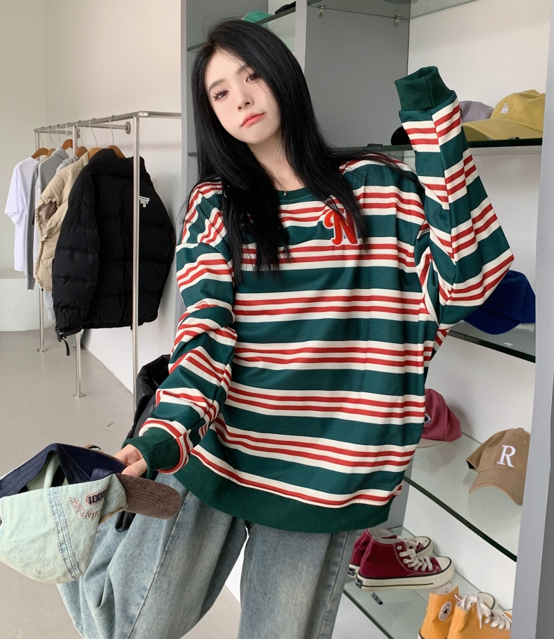 實拍  一體絨 320g 加絨刺繡秋冬裝衛衣女條紋寬鬆