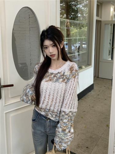 Real shot of autumn and winter new fashionable style hollow crochet hottie long-sleeved short top sweater sweater for women