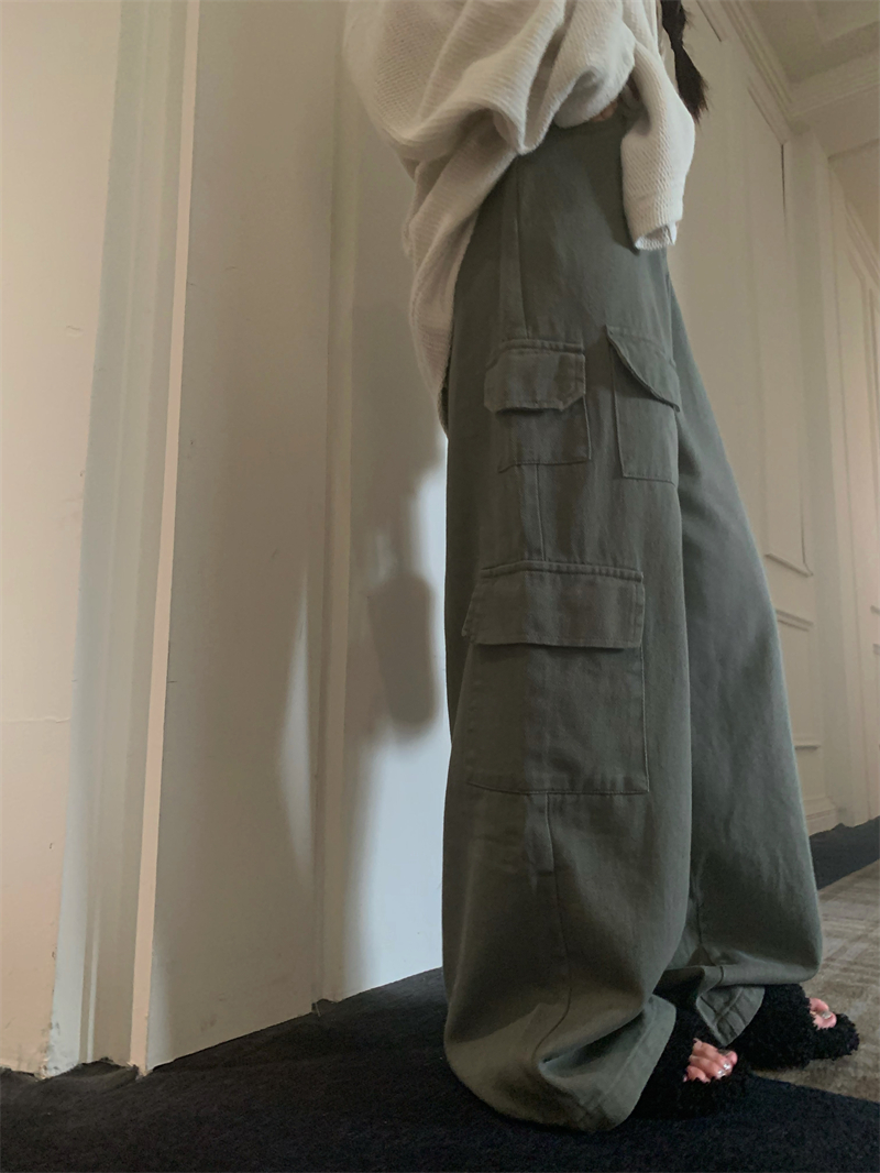 實拍  秋季高腰寬鬆百搭直筒工裝褲美式復古闊腿牛仔褲女