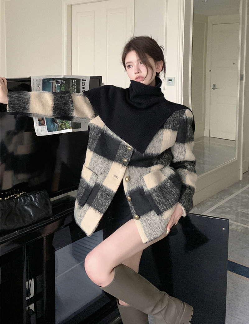 實拍秋冬復古時尚顯瘦西裝格子毛呢外套夾棉+高領圍脖女