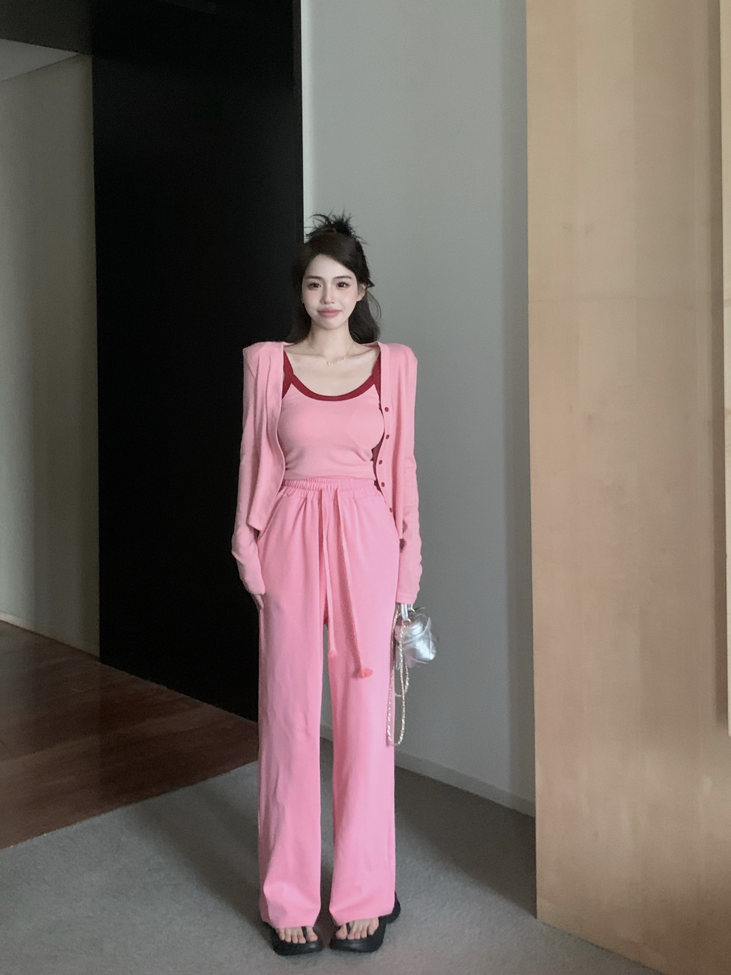 實拍 時尚休閒運動套裝女韓系chic別致吊帶開衫闊腿褲三件套