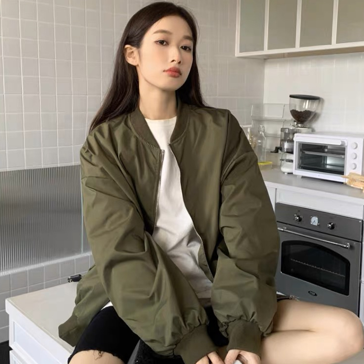 韓國chic秋冬百搭薄款復古立領休閒寬鬆棒球服工裝夾克衫外套女