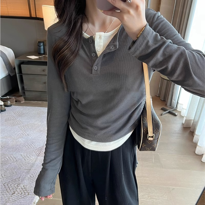 假兩件長袖t恤女2023新款早初秋季內搭打底衫修身上衣設計感小眾