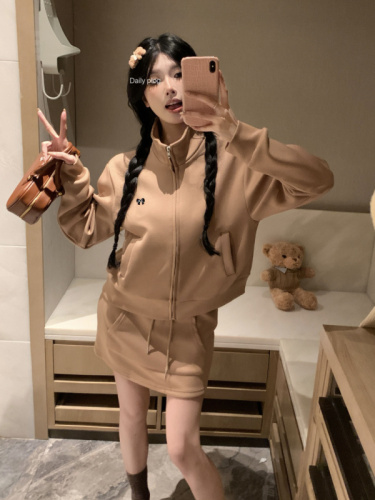 Actual shot~Loose slimming stand-up collar zipper sports jacket casual loose sweatshirt short skirt