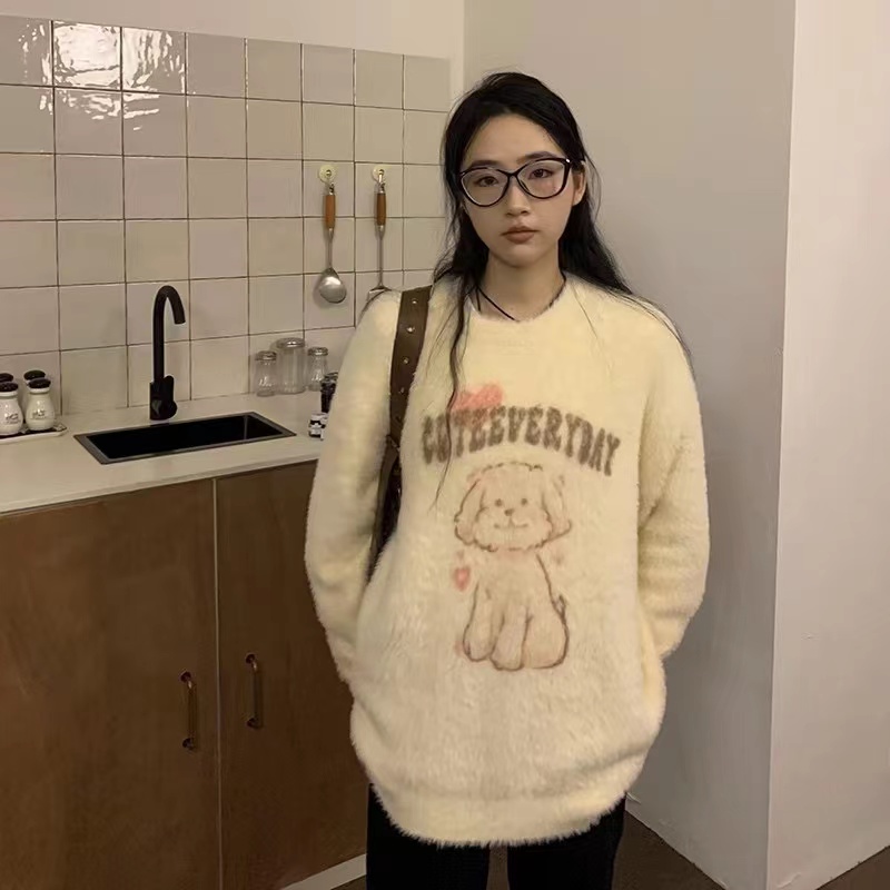 橘子樹在哪兒奶fufu可愛狗狗圓領毛衣女秋冬寬鬆慵懶風軟糯針織衫