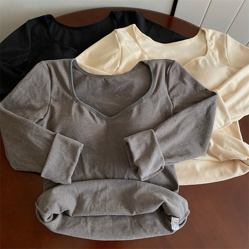 Women's autumn and winter new style gray v-neck long-sleeved T-shirt slim fit top with chest pad, velvet and thickening all-in-one bottoming shirt