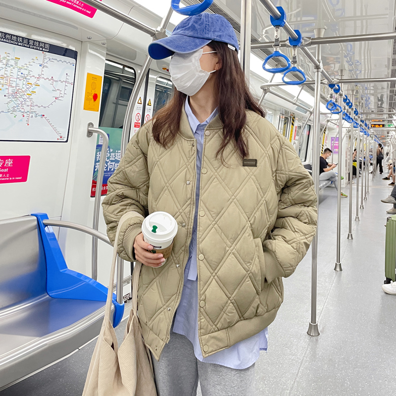 Cotton jacket women's 2023 new cotton jacket baseball jacket winter jacket niche design rhombus oversize cotton jacket