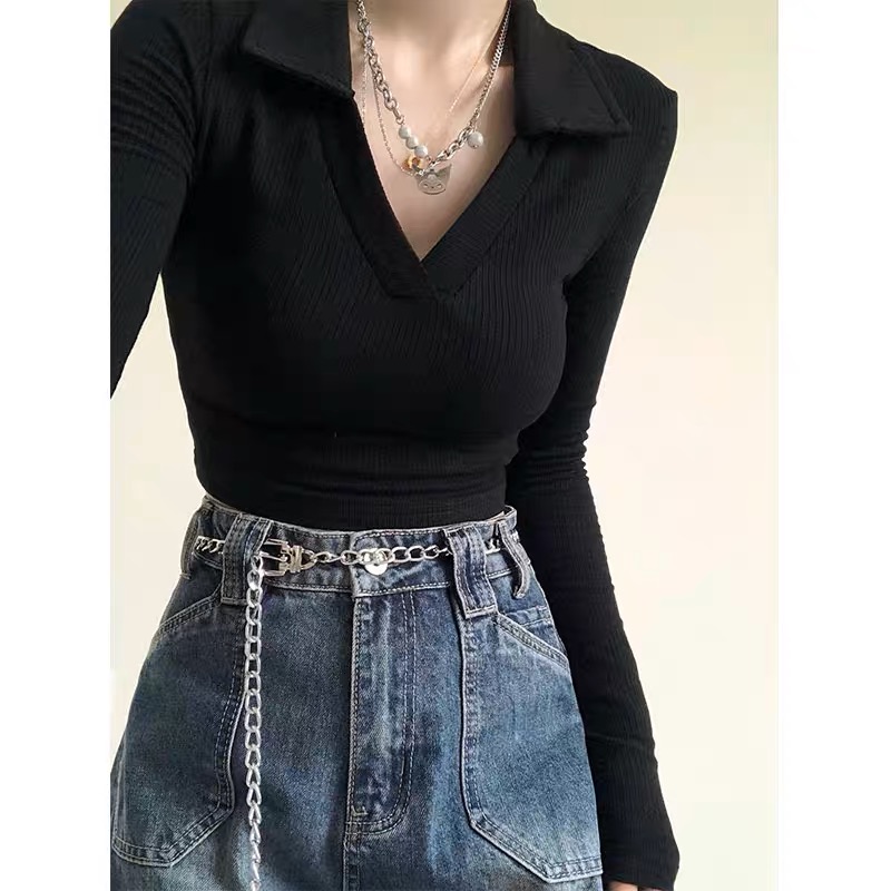 Polo collar design bottoming shirt long-sleeved T-shirt women's autumn and winter tight short chic sweet v-neck top
