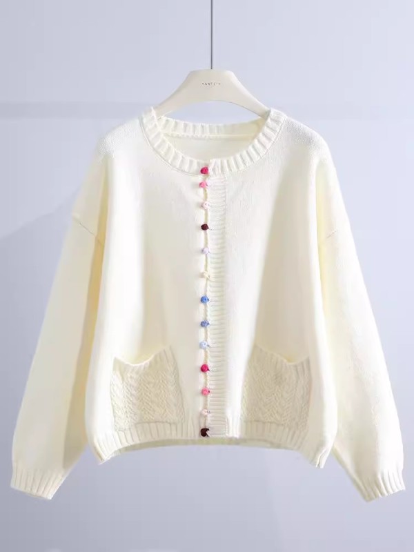 Jet lag handmade crochet three-dimensional rainbow button small sweater jacket for women solid color loose knitted cardigan