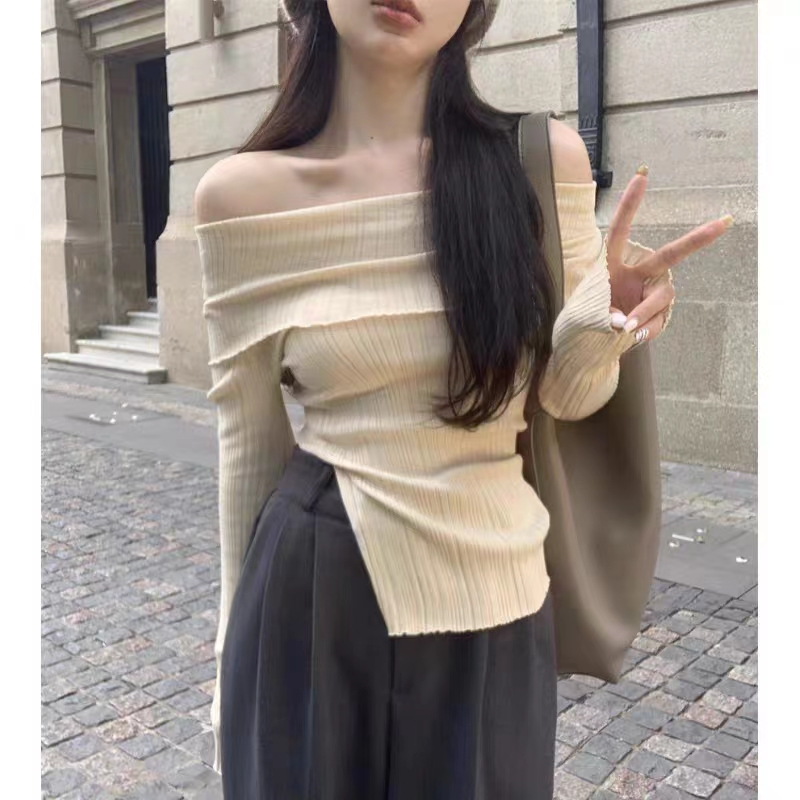 別致超好看一字肩露肩上衣女秋冬內搭修身長袖打底衫