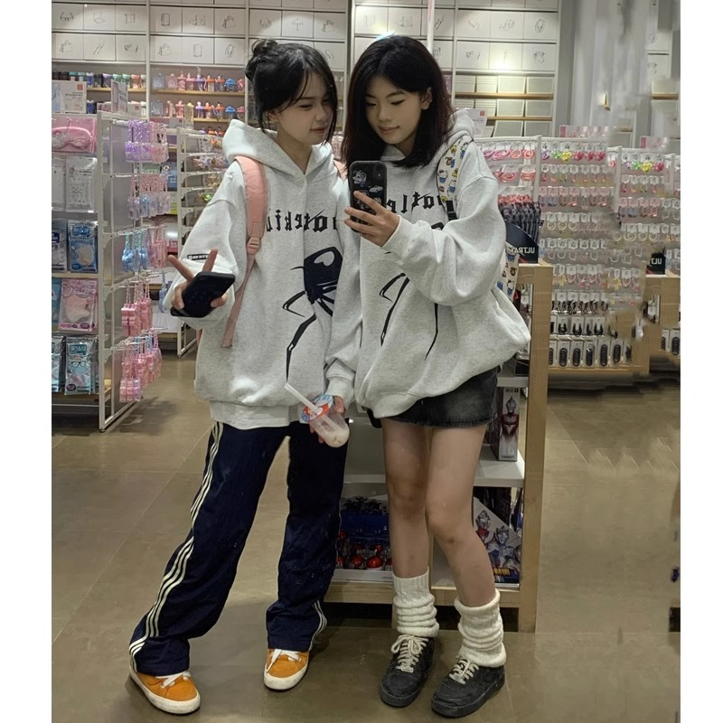 後包領雙層帽不起球配棉螺口 仿棉華棉複合310剋薄款衛衣女印花