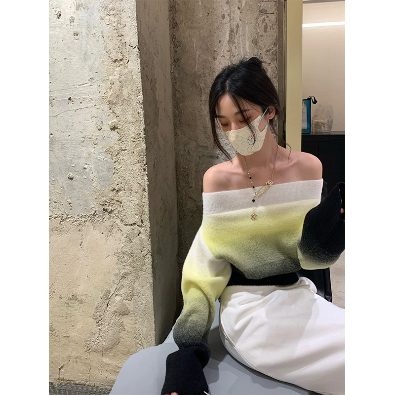 漸變色一字肩毛衣高級感女秋季2023新款寬鬆顯瘦慵懶性感長袖上衣