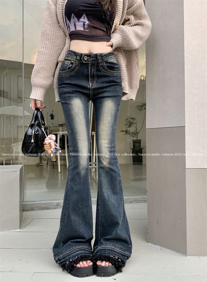 實拍 秋冬新款高腰彈力修身顯瘦微喇叭復古長牛仔褲女