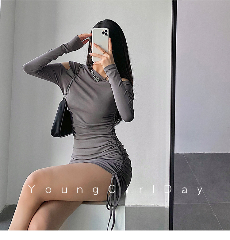 Pure sexy sexy slanted shoulder slim drawstring pleated hip-covering long-sleeved dress short skirt