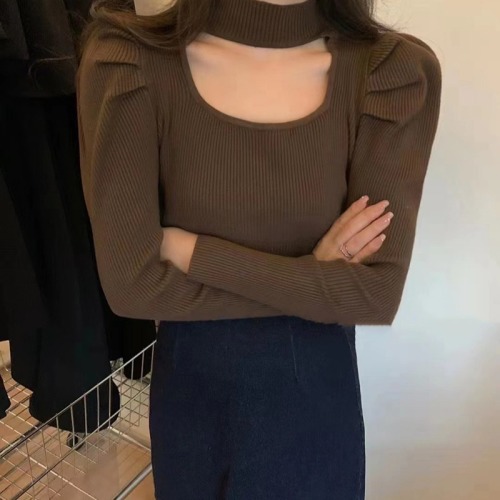 Korean style design halter neck bottoming shirt women's long-sleeved sweater  autumn exposed collarbone careful new top