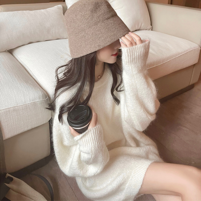 慵懶風圓領套頭毛衣女秋冬季新款中長款高級感寬鬆軟糯針織衫上衣