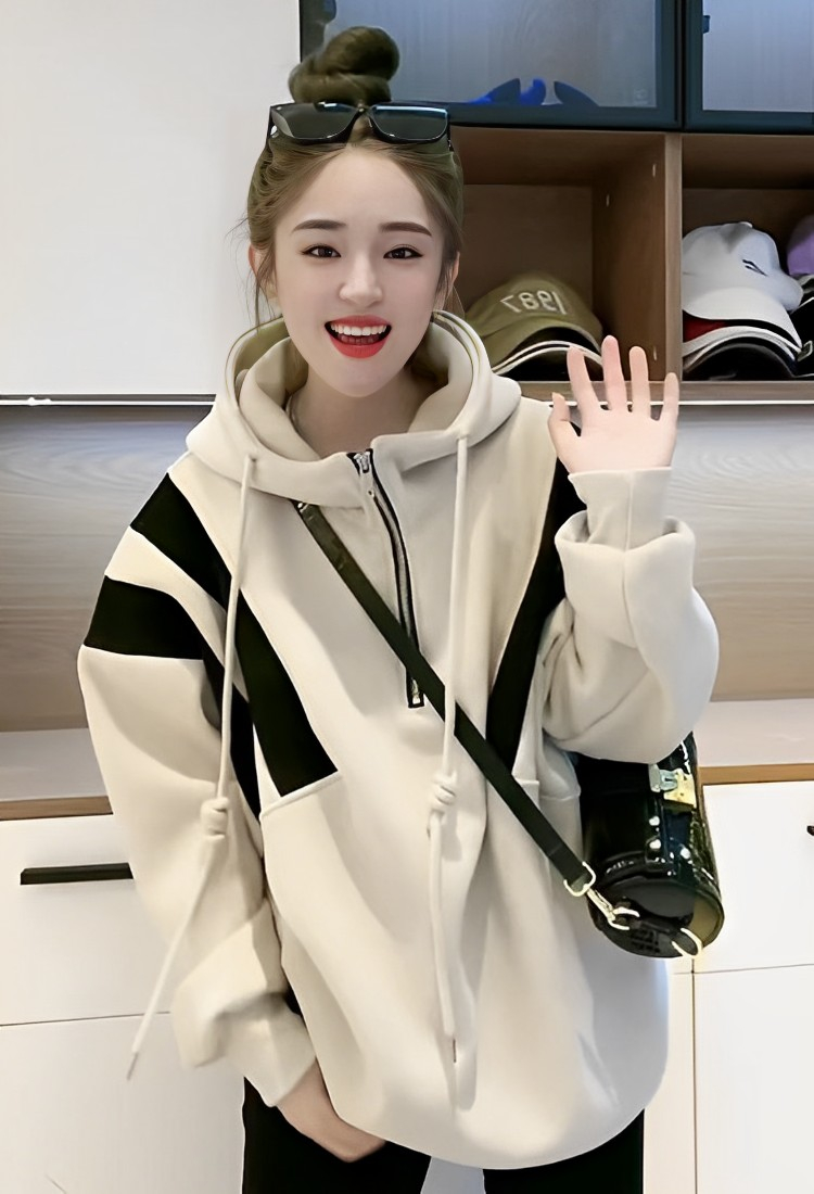 European half zipper contrasting color ins hooded sweatshirt for women plus velvet and thickened autumn and winter loose large size coat top clothes