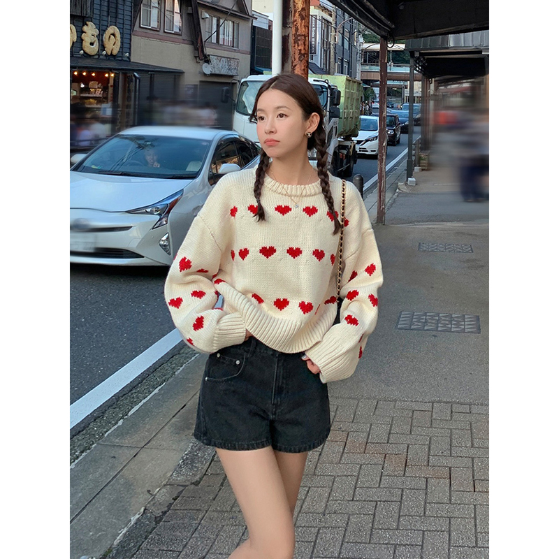 張子萱CheriZ秋冬復古愛心提花蓬鬆可愛甜妹休閒圓領慵懶風毛衣女