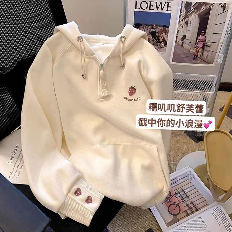 首發華棉純棉複合不起球2023年春秋韓版寬鬆草莓刺繡連帽衛衣女潮