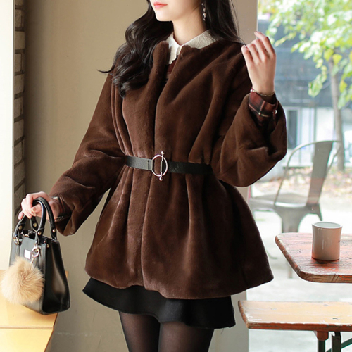 Korean version 2023 autumn and winter new mid-length imitation fur rex rabbit coat for women with loose bell sleeves and belt