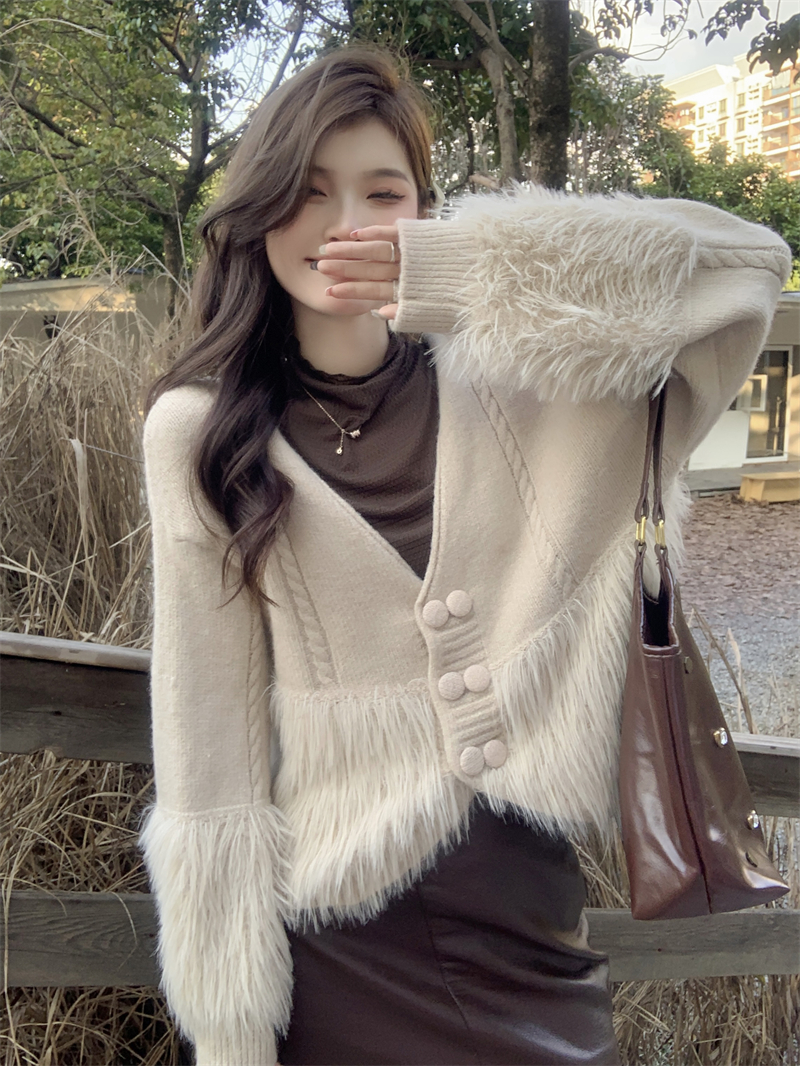 Real shot of mink velvet stitching sweater autumn and winter thickened warm coat design loose sweater