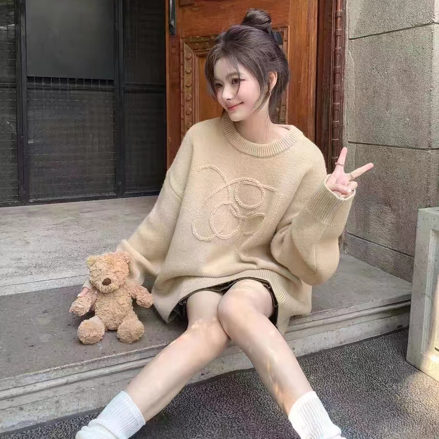 高級感圓領套頭毛衣女2023秋冬新款慵懶風寬鬆外穿網紅針織衫上衣