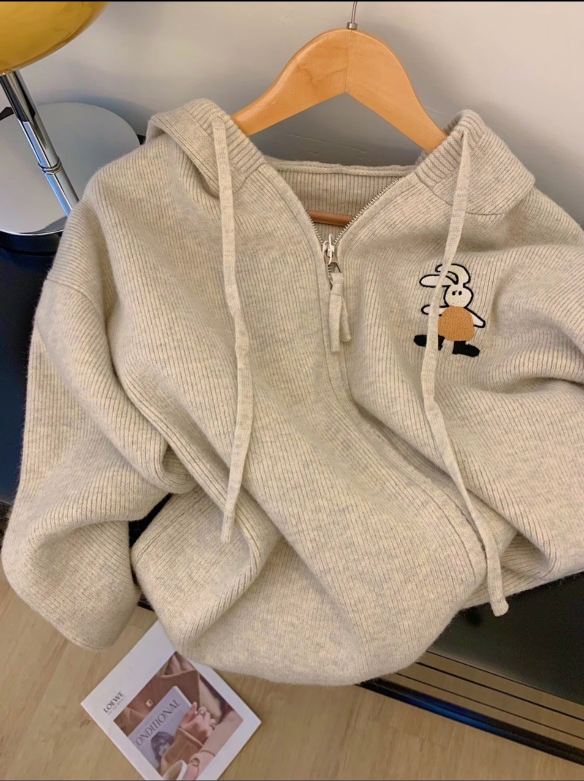 Sheep cashmere#hooded cardigan sweatshirt for women 2023 new autumn and winter loose gray sweater zipper jacket