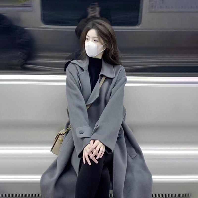 外套女秋冬2023新款灰色風衣中長款高級感氣質韓系赫本風毛呢大衣