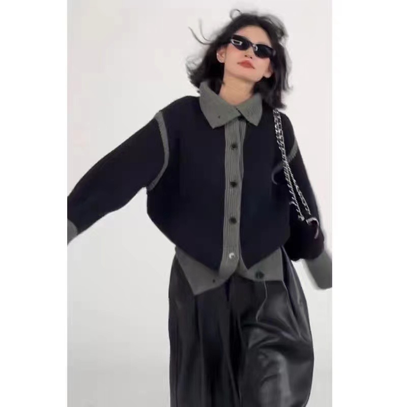 Wu Tongtong Contrast Color Knitted Sweater Cardigan Jacket Women's Korean Lazy Style Casual Chic Design Top