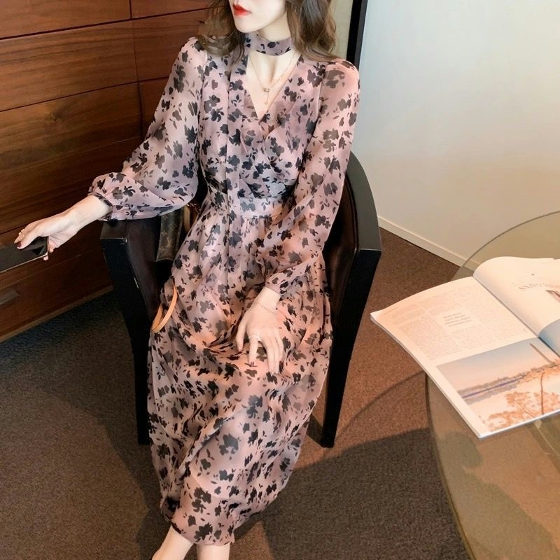 Lady style leopard print V-neck floral long skirt for women 2023 spring and autumn new French style waist slimming dress