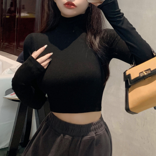 Real shot of autumn and winter Hong Kong style versatile half turtleneck solid color slim fit short warm long-sleeved inner layering shirt ins