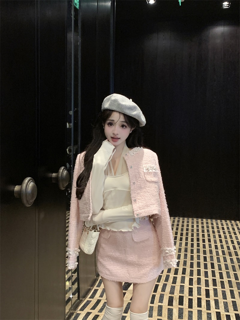 實拍芙蕖精緻少女粉套裝粉色重工釘珠花邊小香風外套女秋