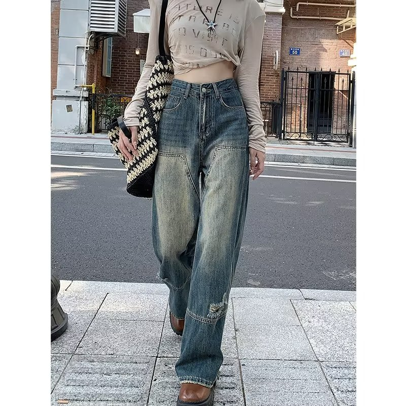 bf廢土風拼接寬鬆牛仔褲女秋冬水洗磨破休閒長褲街頭潮牌闊腿褲