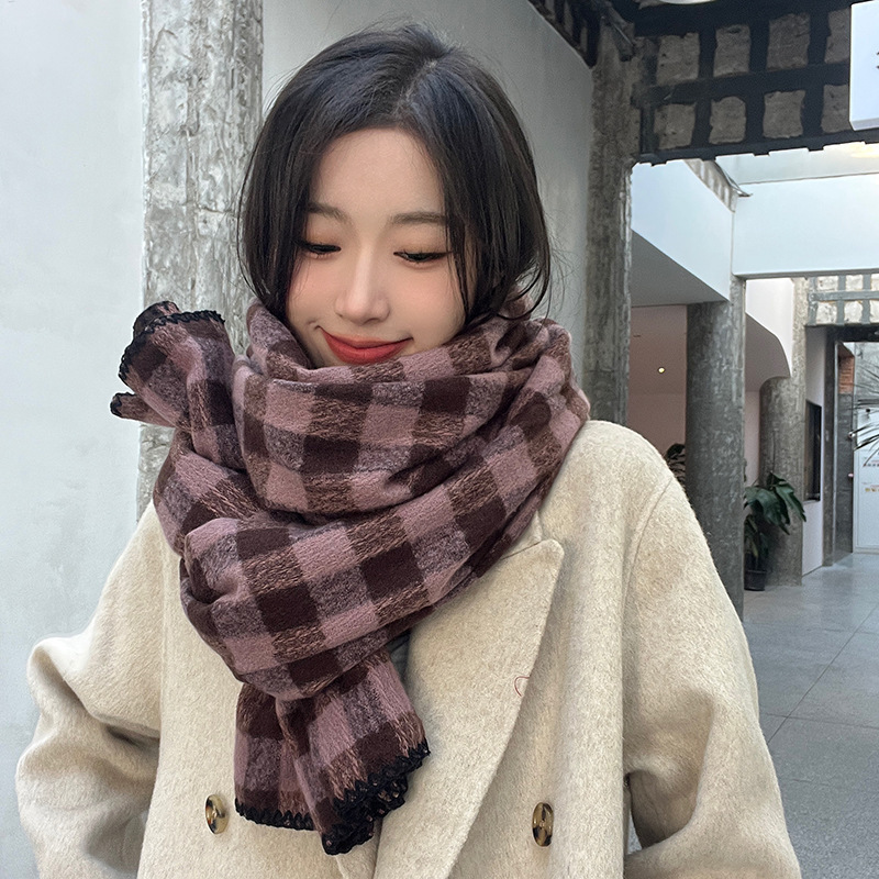 Retro Plaid Scarf Women's 2023 New Winter Thickened Korean Style Student Shawl Dual-Purpose Warm Scarf Green