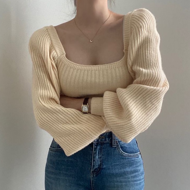 Retro temperament square neck puff sleeve solid color knitted top women's autumn and winter warm base long-sleeved slim waist sweater