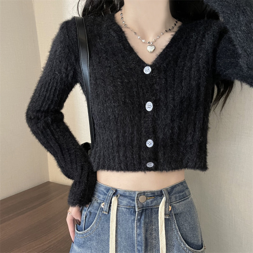 Real shot of gentle style soft waxy sweater coat women's cardigan short lazy imitation mink velvet autumn and winter short top
