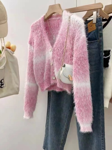  new autumn high-end chic short sweater jacket colorful gradient knitted cardigan women's top