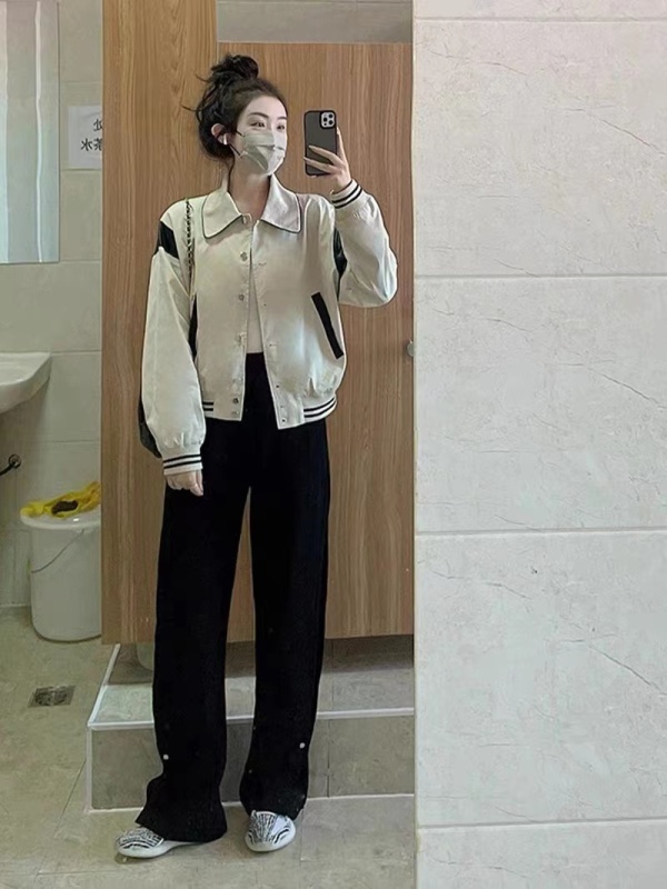 Contrast color splicing baseball uniform short jacket for women spring and autumn loose slimming versatile work jacket top for small people