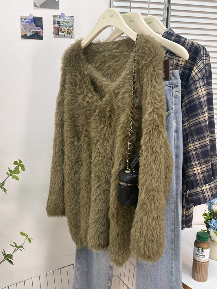 Actual shot of mink wool sweater for women in autumn and winter plus velvet and thick imitation mink outer wear loose long-sleeved top