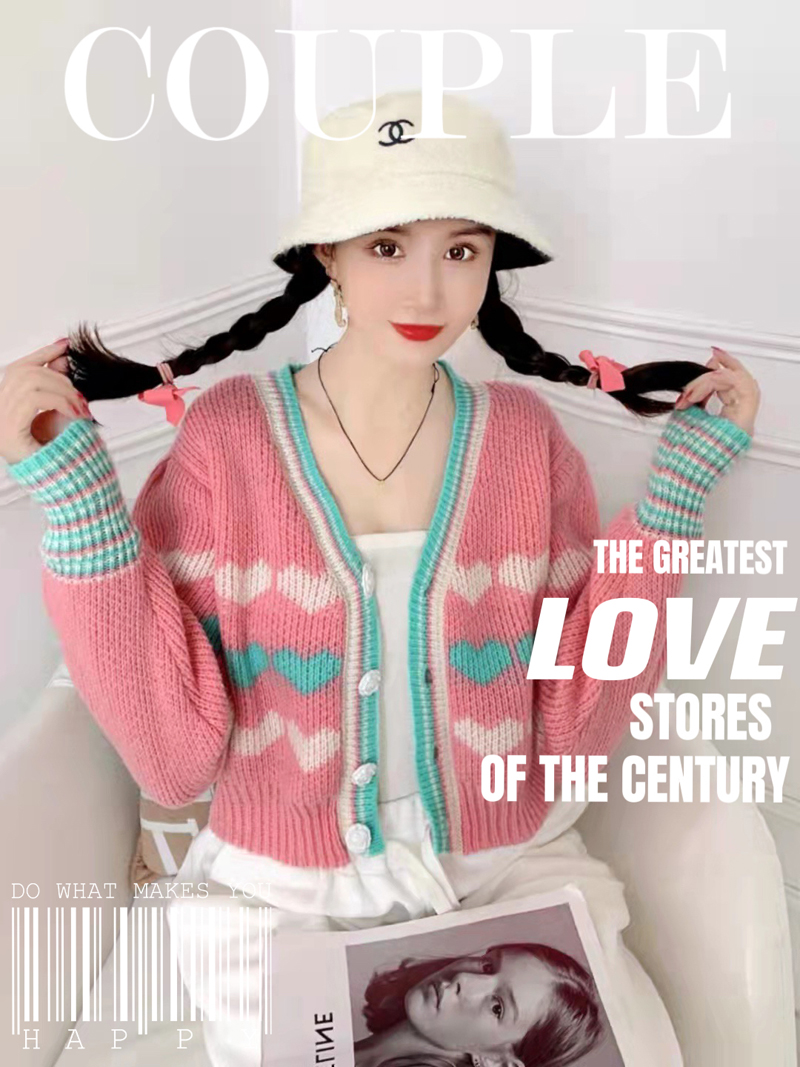 Korean rainbow love sweater coat women's v-neck cardigan loose outer wear Korean short high-waisted top for small people