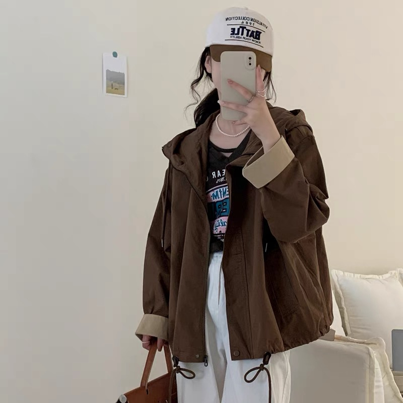 韓版寬鬆廓形設計感連帽工裝風衣女東大門慵懶風短外套夾克上衣