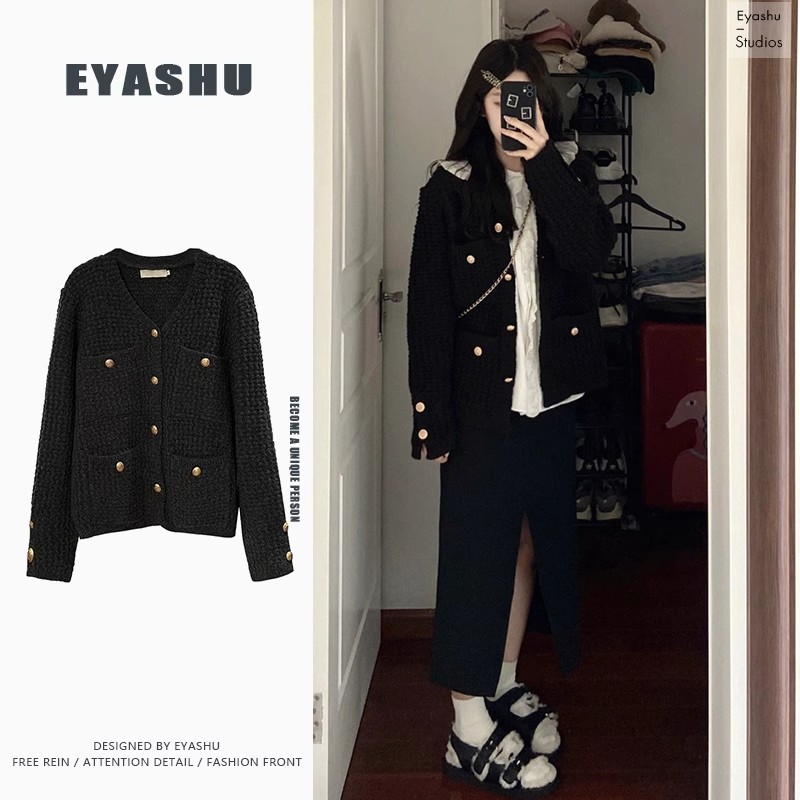 Temperament black design sweater jacket autumn and winter 2023 new style small fragrance loose V-neck knitted top Korean style