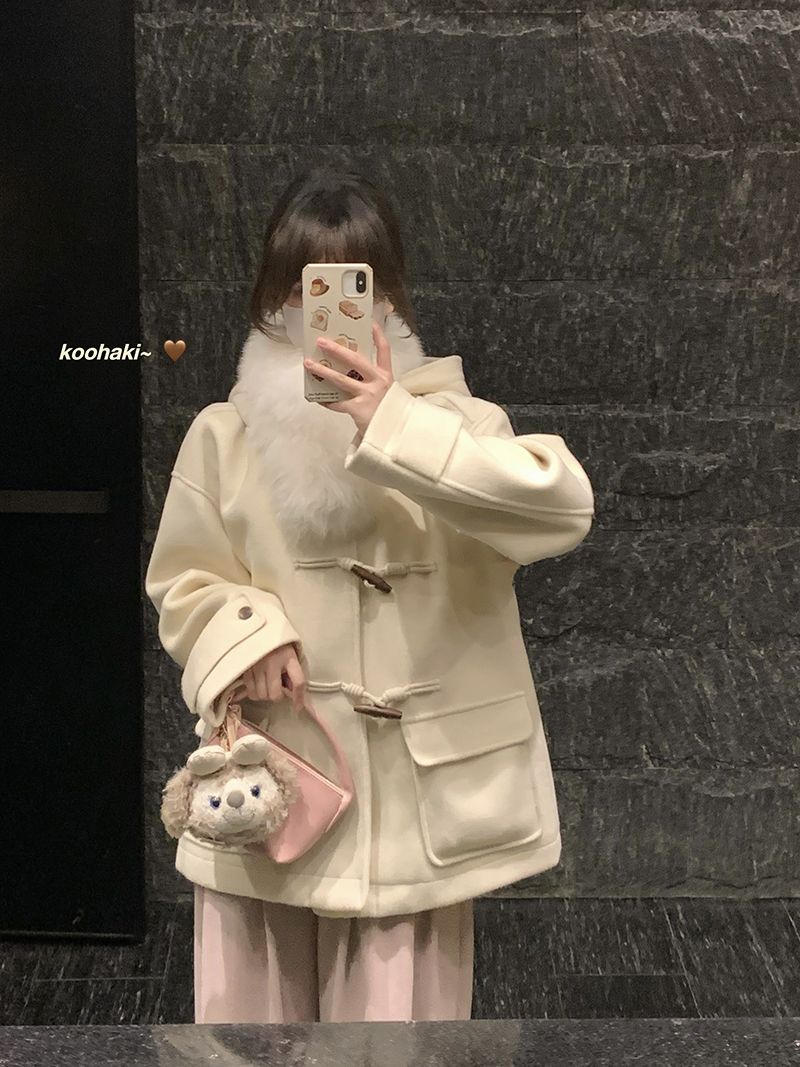 實拍 厚實甜美氣質牛角扣大衣女外套+溫暖毛毛圍脖