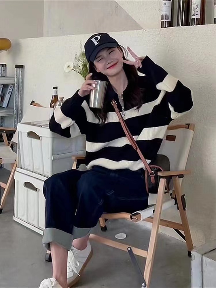 polo領條紋長袖針織衫女秋季2023新款復古法式寬鬆慵懶風套頭上衣