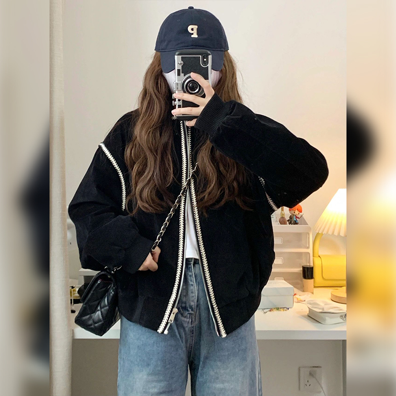 秋冬大碼復古設計感小眾小個子夾克外套上衣黑色棒球服M-4XL200斤