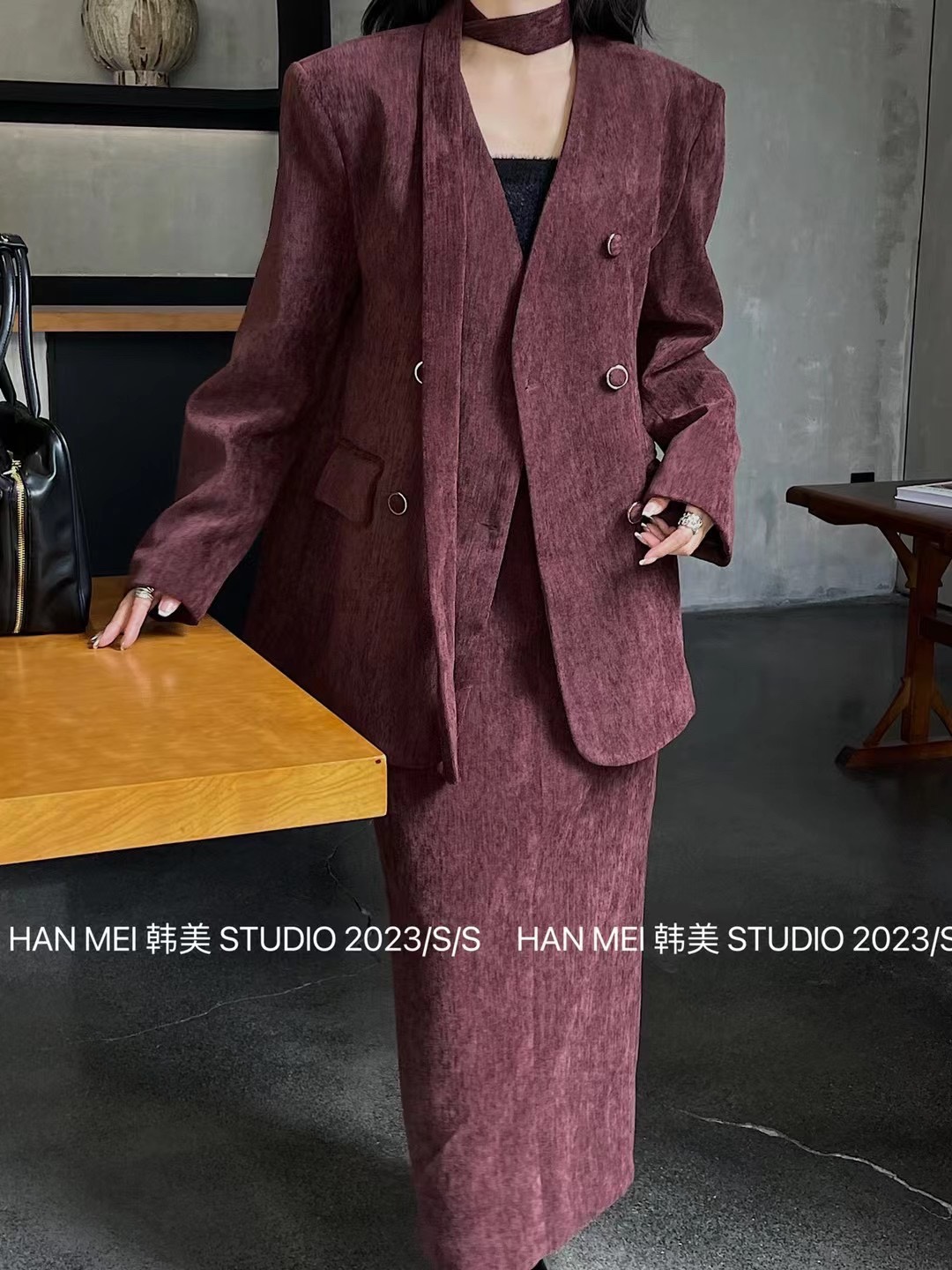 HANMEI Korean and American high-end suit women's 2023 autumn and winter new double-breasted suit jacket high-waist straight long skirt