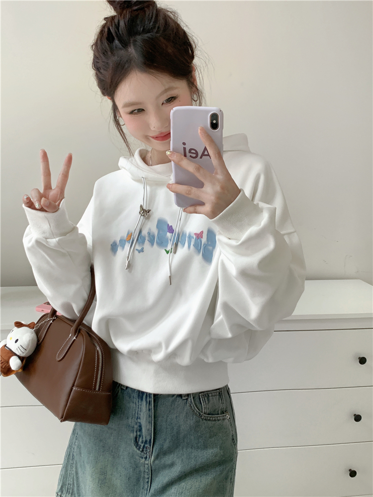 後包領雙層帽不起球配棉螺口 仿棉華棉複合310剋薄款衛衣女印花