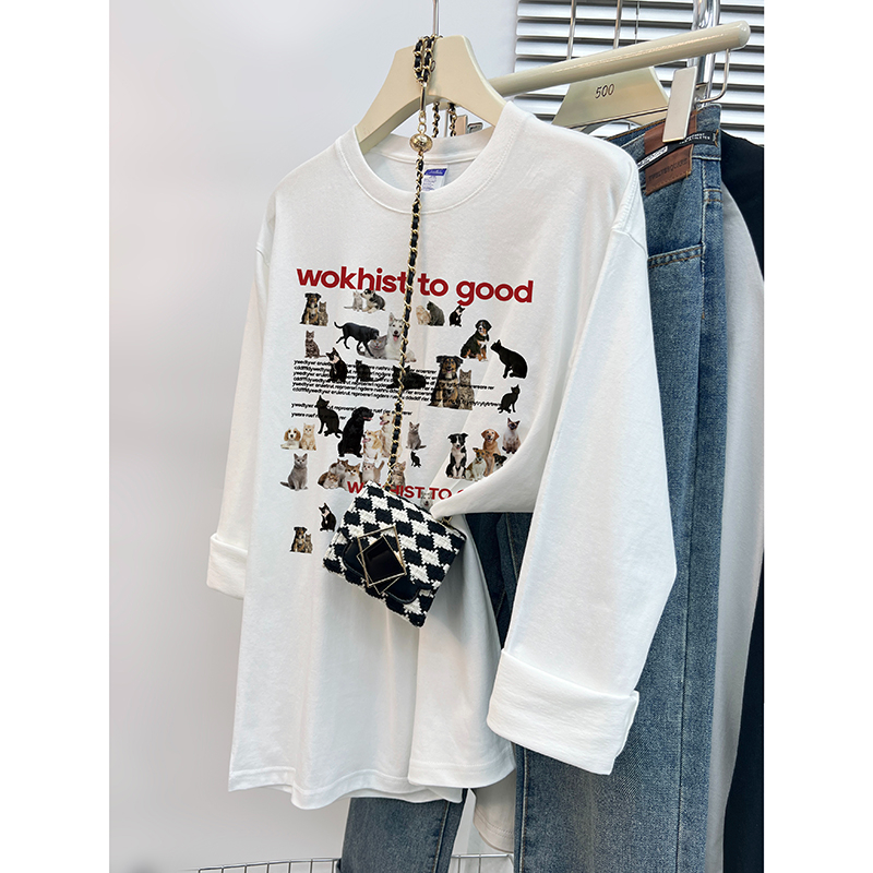 220g rear bag autumn new loose cotton printed bottoming long-sleeved T-shirt top