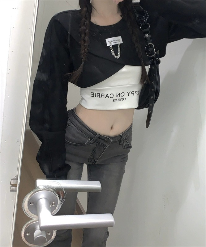 超火炸街復古洋氣套裝女秋季新款鏈條衛衣疊穿字母印花背心兩件套