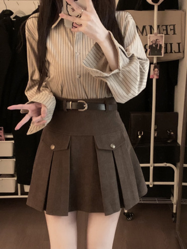 Actual shot ~ Autumn and winter slim A-line pleated skirt corduroy skirt